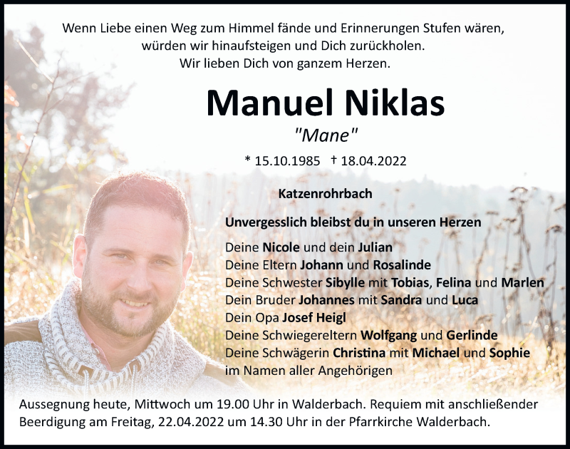  Traueranzeige für Manuel Niklas vom 20.04.2022 aus Bayerwald Echo