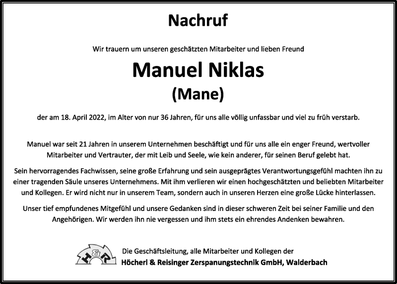  Traueranzeige für Manuel Niklas vom 22.04.2022 aus Bayerwald Echo