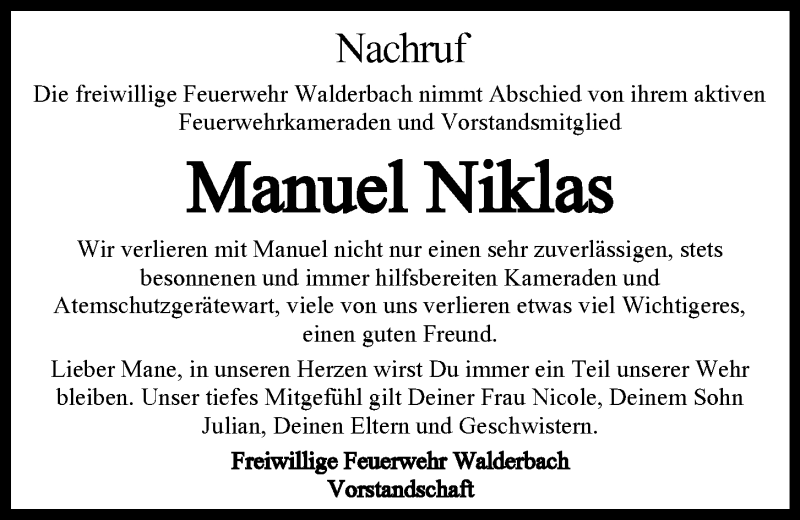  Traueranzeige für Manuel Niklas vom 23.04.2022 aus Bayerwald Echo