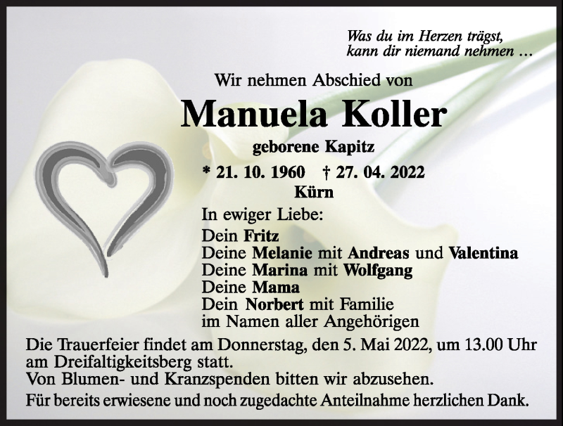  Traueranzeige für Manuela Koller vom 30.04.2022 aus Mittelbayerische Zeitung Regensburg
