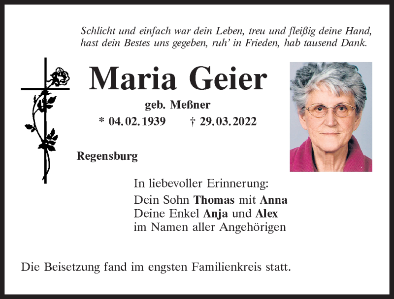 Traueranzeigen von Maria Geier | Mittelbayerische Trauer