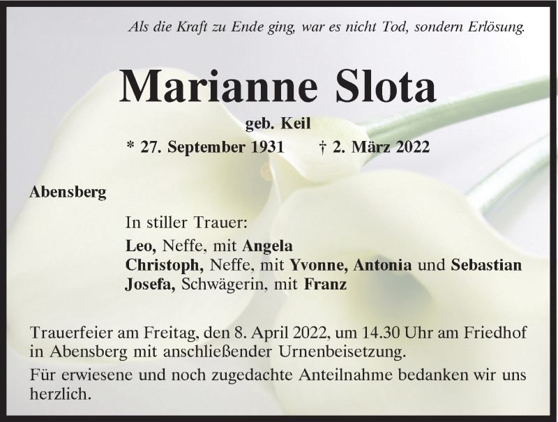 Traueranzeige für Marianne Slota vom 02.04.2022 aus Mittelbayerische Zeitung Kelheim