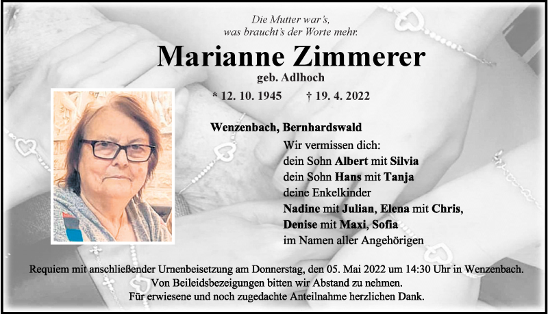  Traueranzeige für Marianne Zimmerer vom 30.04.2022 aus Mittelbayerische Zeitung Regensburg