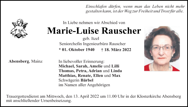  Traueranzeige für Marie-Luise Rauscher vom 09.04.2022 aus Mittelbayerische Zeitung Kelheim