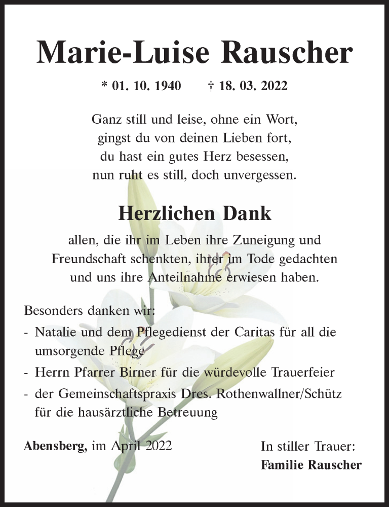  Traueranzeige für Marie-Luise Rauscher vom 29.04.2022 aus Mittelbayerische Zeitung Kelheim