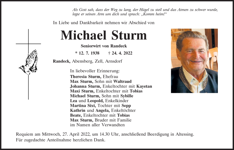  Traueranzeige für Michael Sturm vom 26.04.2022 aus Mittelbayerische Zeitung Kelheim