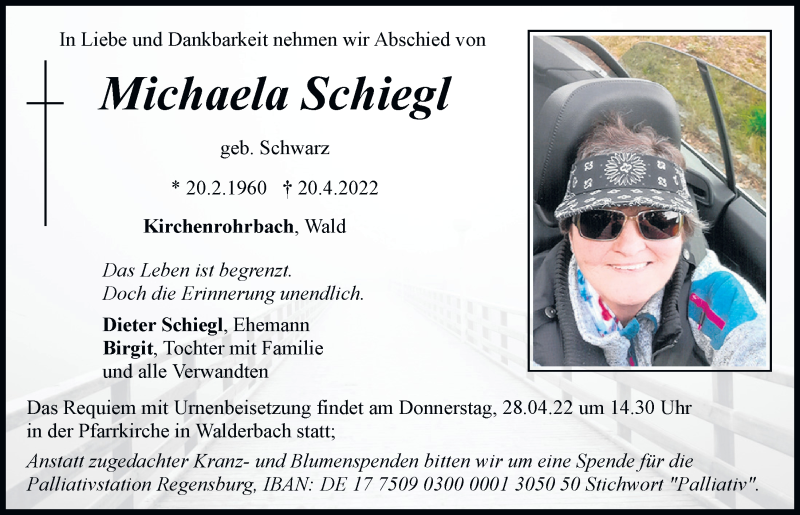  Traueranzeige für Michaela Schiegl vom 23.04.2022 aus Bayerwald Echo