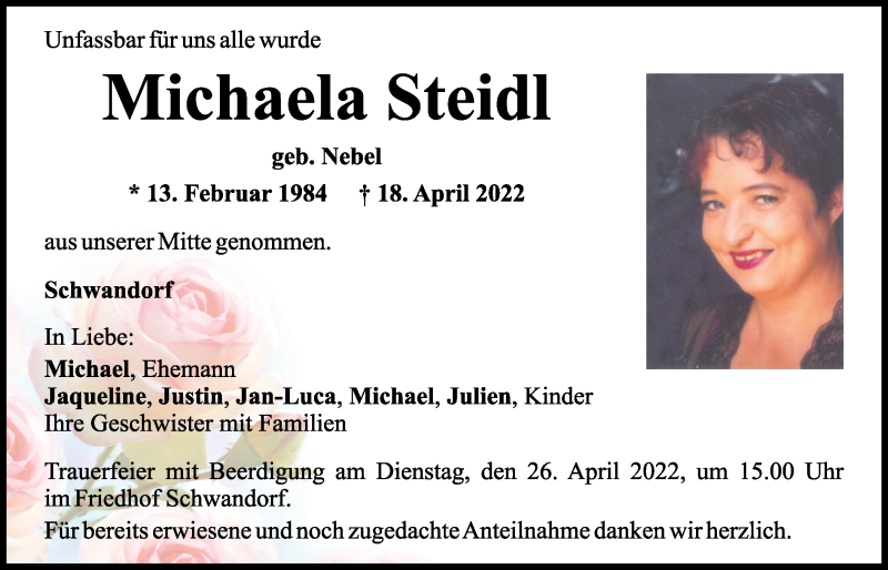  Traueranzeige für Michaela Steidl vom 23.04.2022 aus Mittelbayerische Zeitung Schwandorf