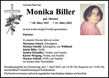 Traueranzeige von Monika Biller von Mittelbayerische Zeitung Schwandorf