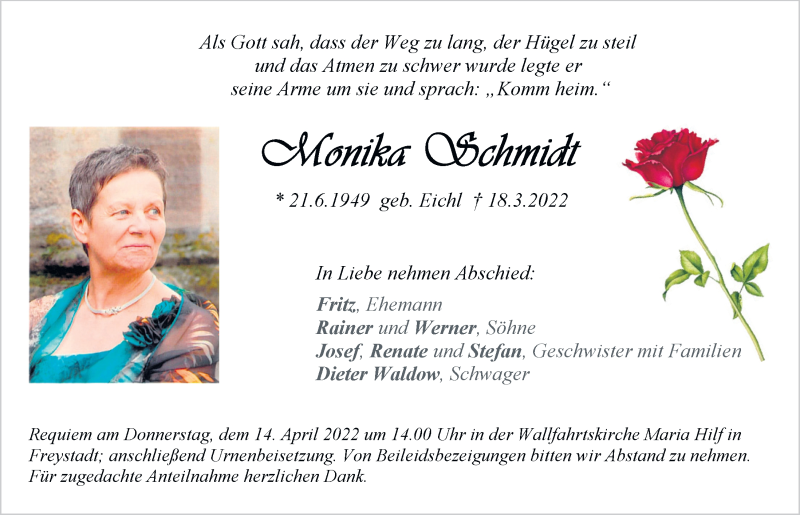  Traueranzeige für Monika Schmidt vom 09.04.2022 aus Neumarkter Tagblatt