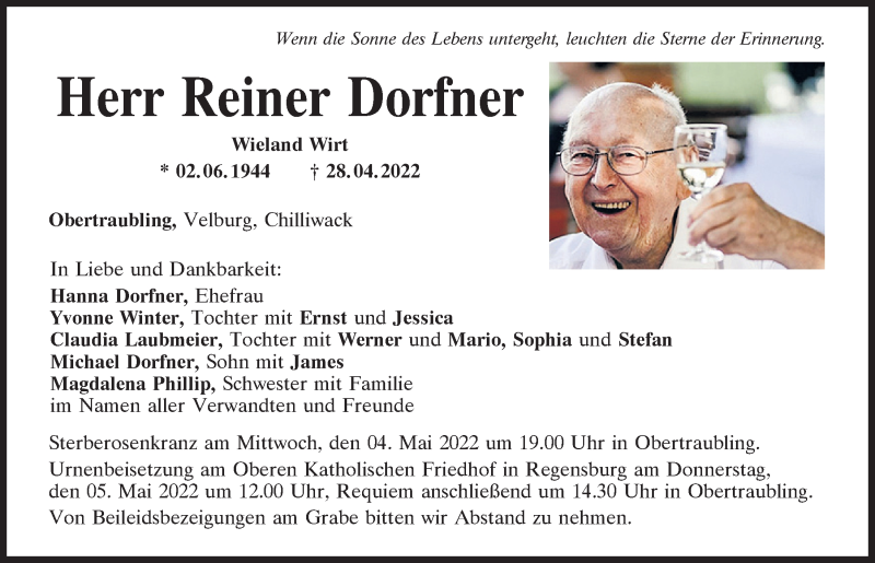  Traueranzeige für Reiner Dorfner vom 30.04.2022 aus Mittelbayerische Zeitung Regensburg
