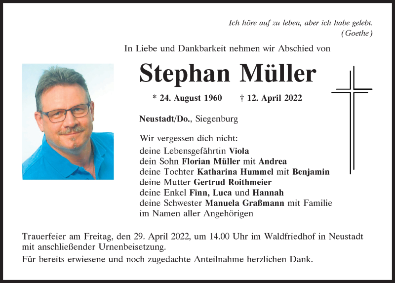  Traueranzeige für Stephan Müller vom 26.04.2022 aus Mittelbayerische Zeitung Kelheim
