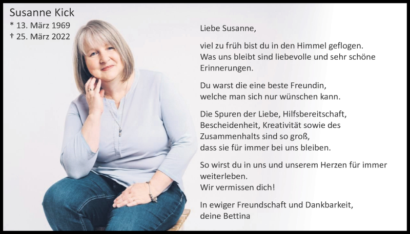  Traueranzeige für Susanne Kick vom 07.04.2022 aus Mittelbayerische Zeitung Kelheim