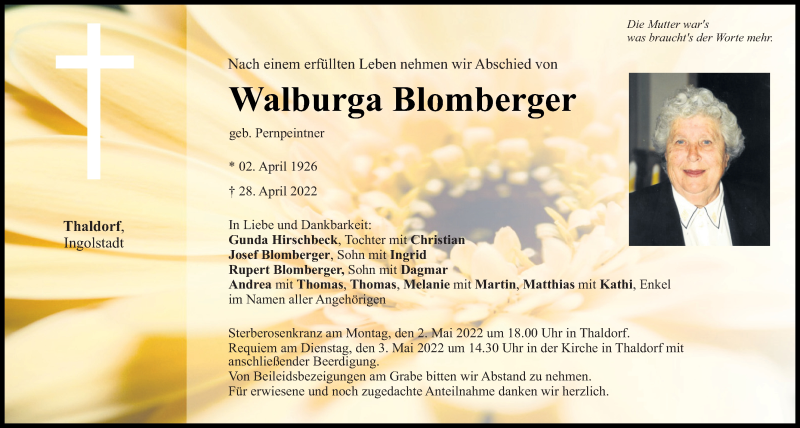  Traueranzeige für Walburga Blomberger vom 30.04.2022 aus Mittelbayerische Zeitung Kelheim