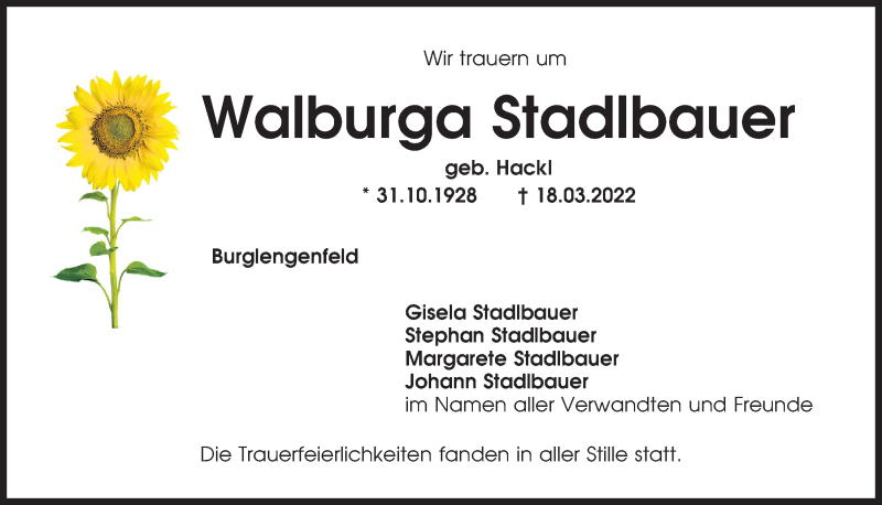  Traueranzeige für Walburga Stadlbauer vom 04.04.2022 aus Mittelbayerische Zeitung Schwandorf