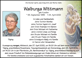 Traueranzeige von Walburga Wittmann von Neumarkter Tagblatt