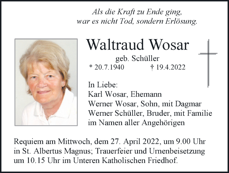  Traueranzeige für Waltraud Wosar vom 23.04.2022 aus Mittelbayerische Zeitung Regensburg