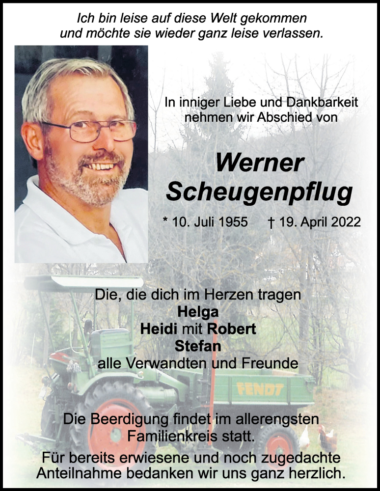  Traueranzeige für Werner Scheugenpflug vom 26.04.2022 aus Mittelbayerische Zeitung Kelheim