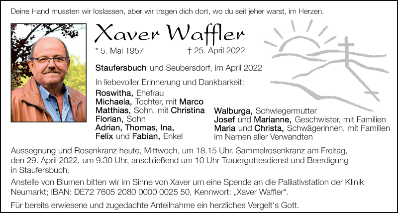  Traueranzeige für Xaver Waffler vom 27.04.2022 aus Neumarkter Tagblatt