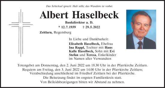 Traueranzeige von Albert Haselbeck von Mittelbayerische Zeitung Regensburg