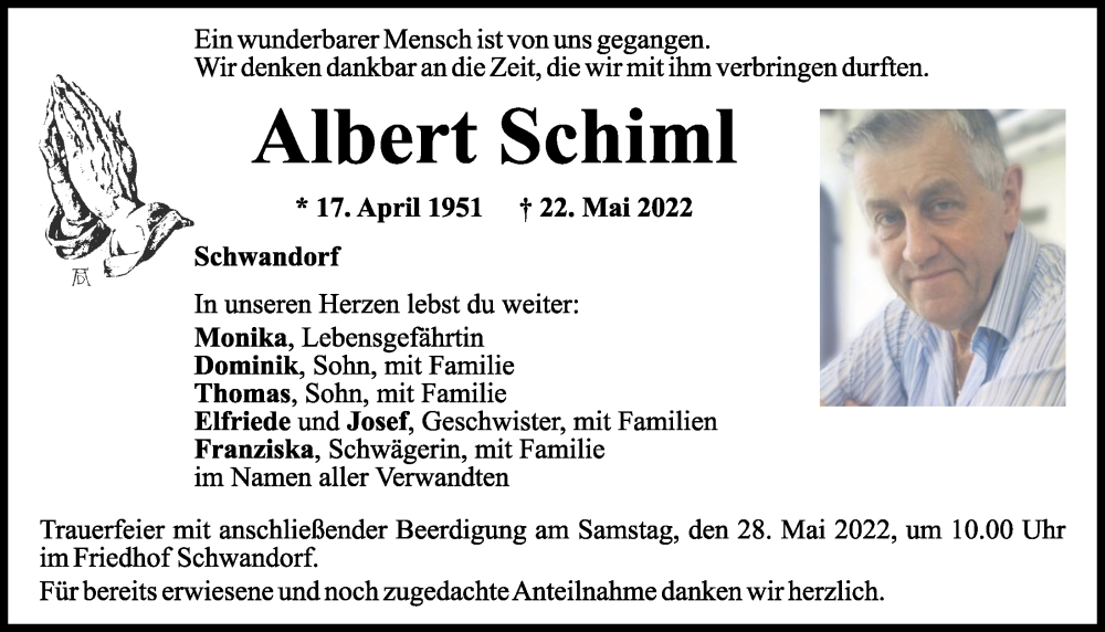  Traueranzeige für Albert Schiml vom 25.05.2022 aus Mittelbayerische Zeitung Schwandorf