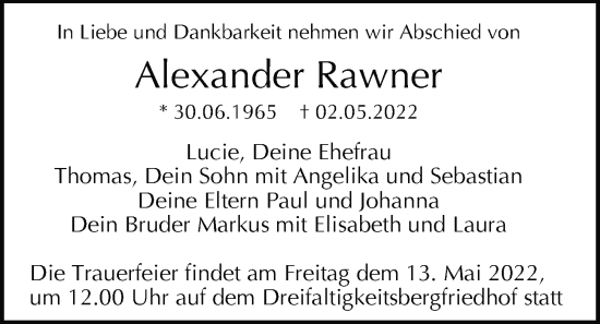Traueranzeige von Alexander Rawner von Mittelbayerische Zeitung Regensburg