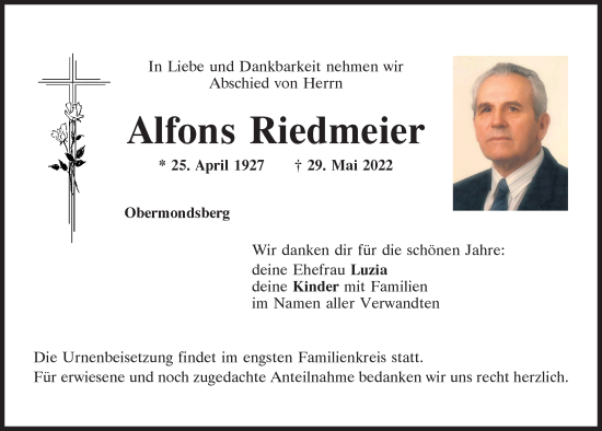 Traueranzeige von Alfons Riedmeier von Mittelbayerische Zeitung Kelheim
