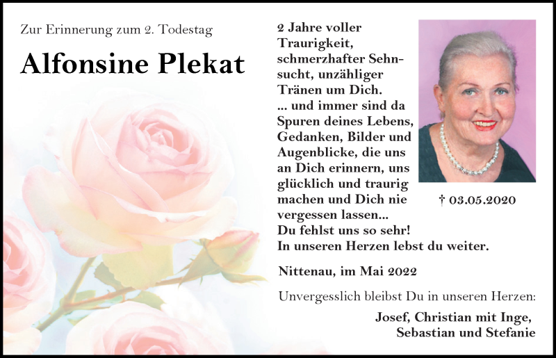  Traueranzeige für Alfonsine Plekat vom 03.05.2022 aus Mittelbayerische Zeitung Regensburg