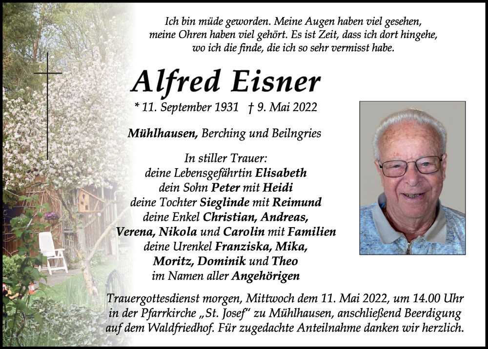  Traueranzeige für Alfred Eisner vom 10.05.2022 aus Neumarkter Tagblatt