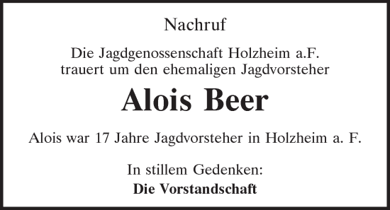 Traueranzeige von Alois Beer von Mittelbayerische Zeitung Regensburg