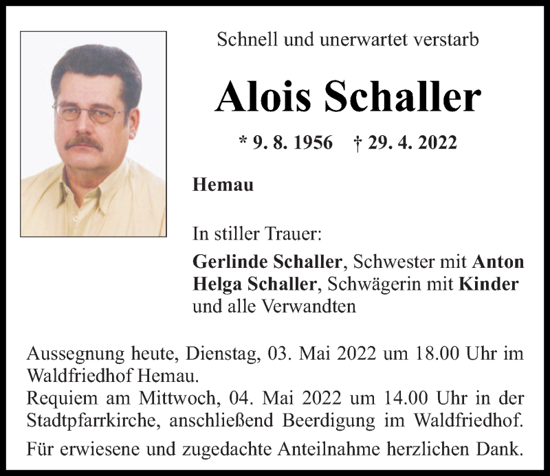  Traueranzeige für Alois Schaller vom 03.05.2022 aus Mittelbayerische Zeitung Regensburg