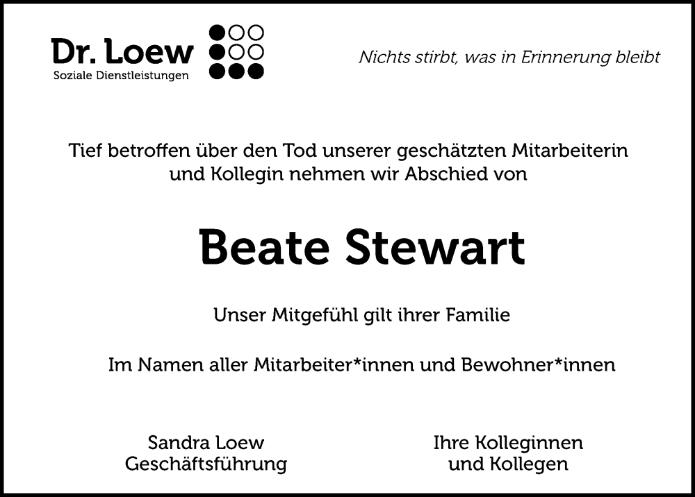  Traueranzeige für Beate Stewart vom 14.05.2022 aus Mittelbayerische Zeitung Gesamtausgabe