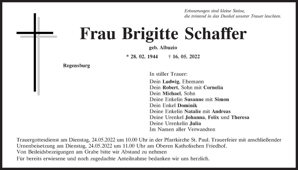  Traueranzeige für Brigitte Schaffer vom 21.05.2022 aus Mittelbayerische Zeitung Regensburg