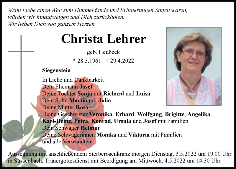  Traueranzeige für Christa Lehrer vom 02.05.2022 aus Mittelbayerische Zeitung Regensburg