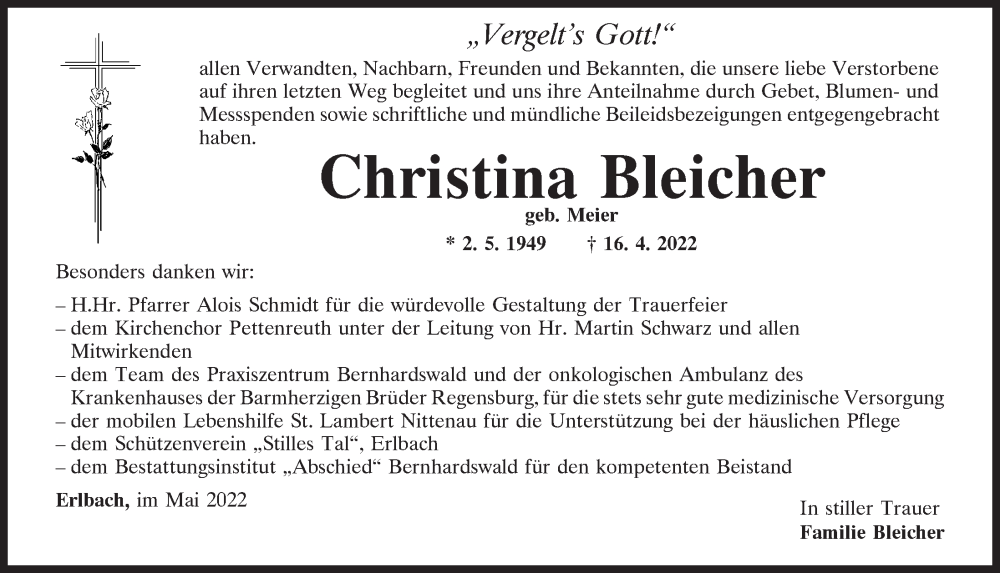  Traueranzeige für Christina Bleicher vom 14.05.2022 aus Mittelbayerische Zeitung Regensburg
