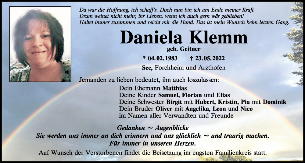  Traueranzeige für Daniela Klemm vom 28.05.2022 aus Neumarkter Tagblatt