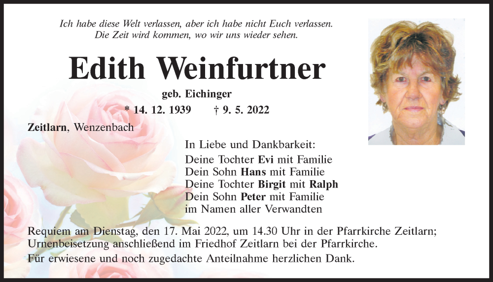  Traueranzeige für Edith Weinfurtner vom 14.05.2022 aus Mittelbayerische Zeitung Regensburg