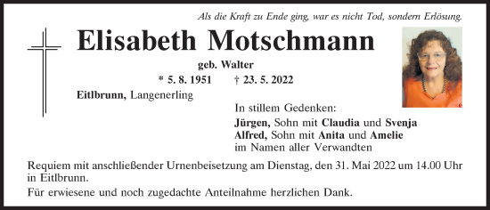 Traueranzeige von Elisabeth Motschmann von Mittelbayerische Zeitung Regensburg