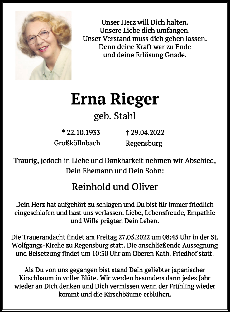  Traueranzeige für Erna Rieger vom 21.05.2022 aus Mittelbayerische Zeitung Regensburg