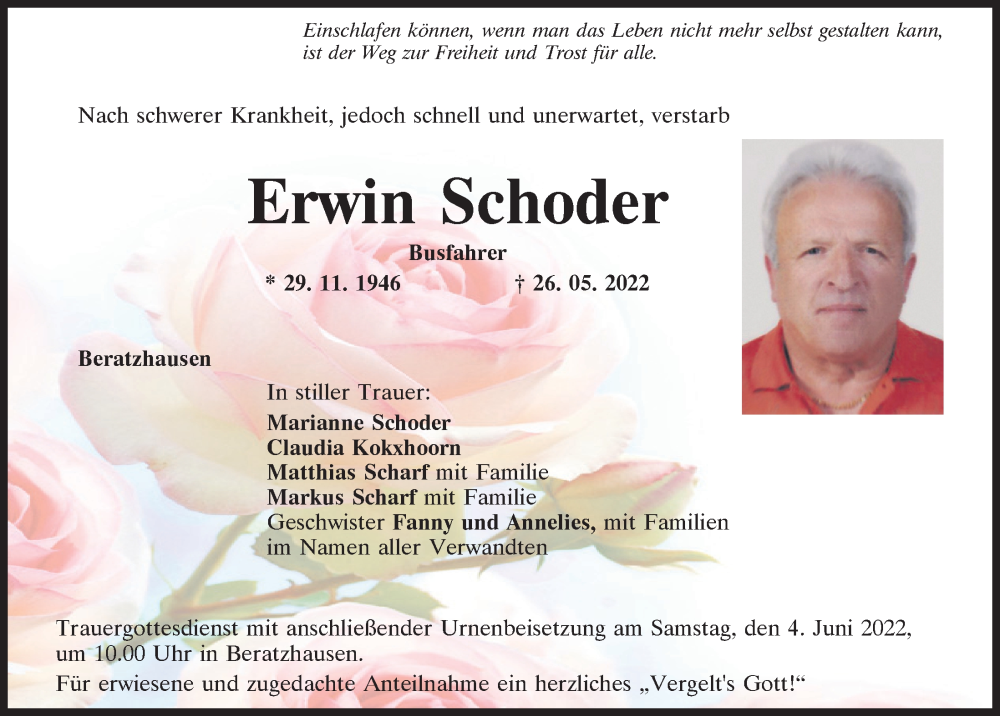  Traueranzeige für Erwin Schoder vom 01.06.2022 aus Mittelbayerische Zeitung Regensburg