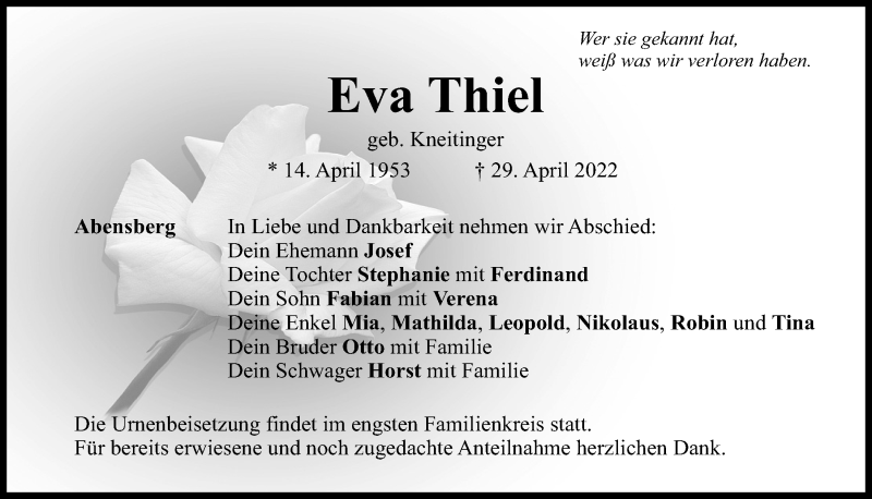  Traueranzeige für Eva Thiel vom 04.05.2022 aus Mittelbayerische Zeitung Kelheim