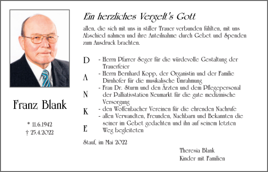 Traueranzeige von Franz Blank von Neumarkter Tagblatt
