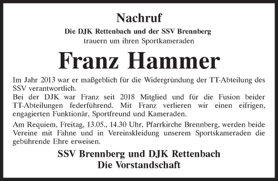 Traueranzeige von Franz Hammer von Mittelbayerische Zeitung Regensburg