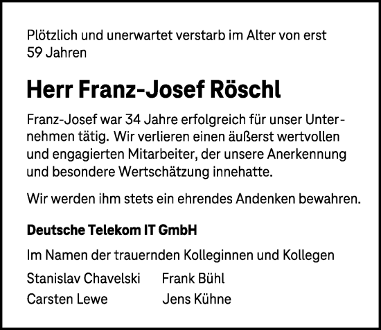 Traueranzeige von Franz-Josef Röschl von Mittelbayerische Zeitung Regensburg