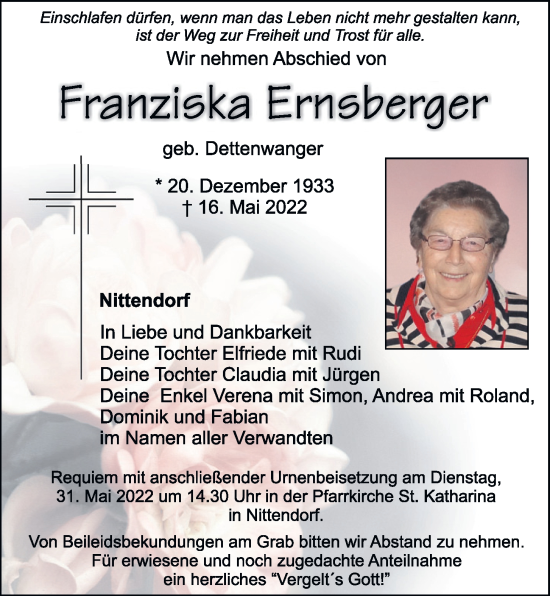 Traueranzeige von Franziska Ernsberger von Mittelbayerische Zeitung Regensburg