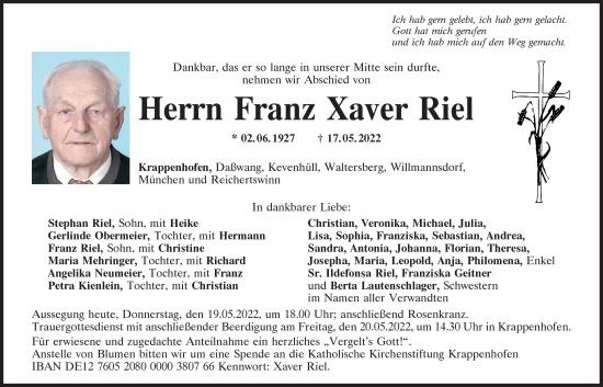 Traueranzeige von Franz Xaver Riel von Neumarkter Tagblatt
