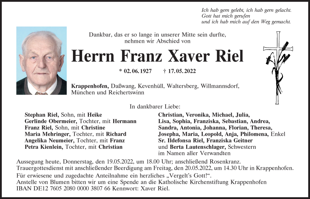  Traueranzeige für Franz Xaver Riel vom 19.05.2022 aus Neumarkter Tagblatt