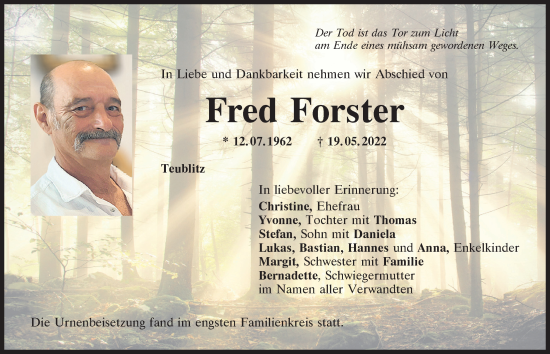 Traueranzeige von Fred Forster von Mittelbayerische Zeitung Schwandorf