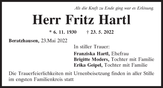 Traueranzeige von Fritz Hartl von Mittelbayerische Zeitung Regensburg
