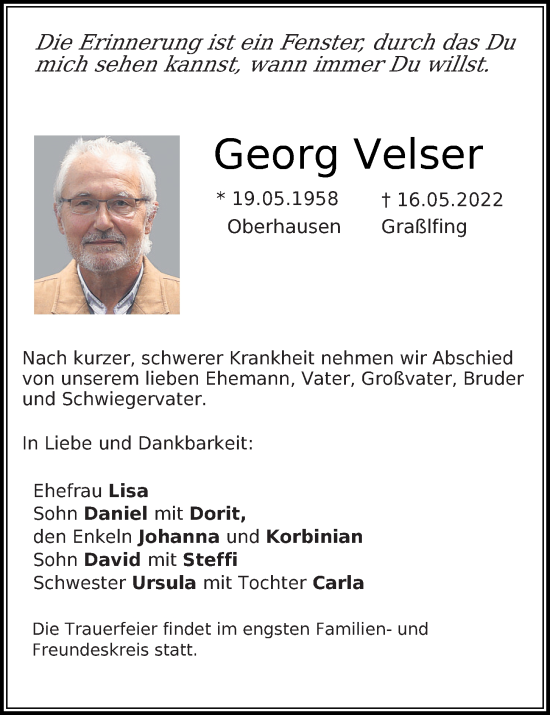 Traueranzeige von Georg Velser von Mittelbayerische Zeitung Regensburg